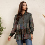 Young Threads - Vintage Floral Boho Ruffle Hem Button Down Tunic Top NEW