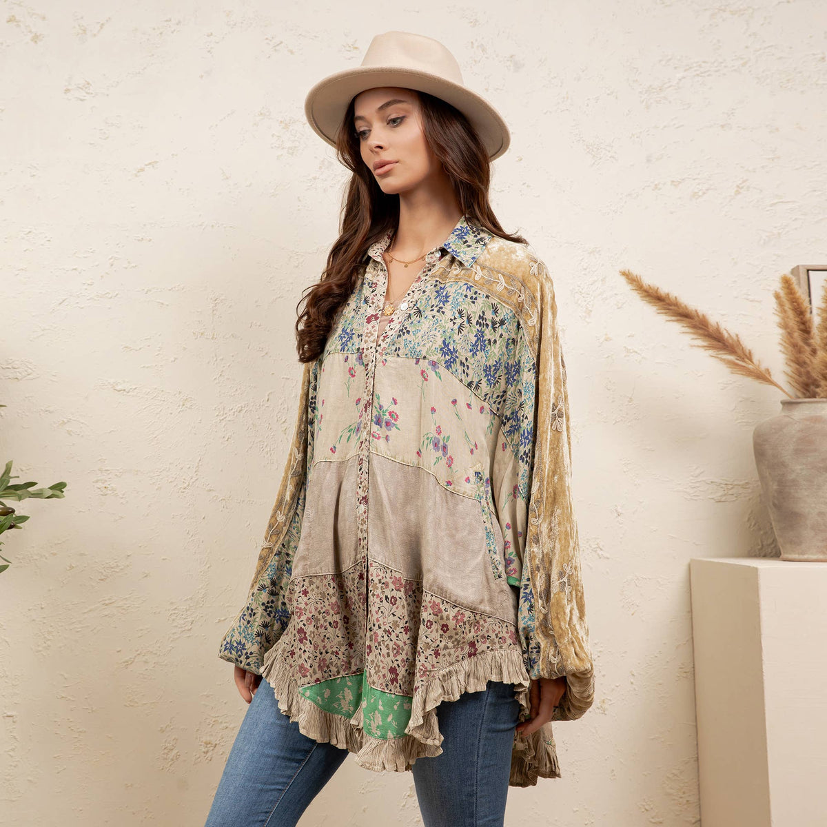 Young Threads - Vintage Mixed Print Patchwork Bat Sleeve Top -Ruffle Hem NEW