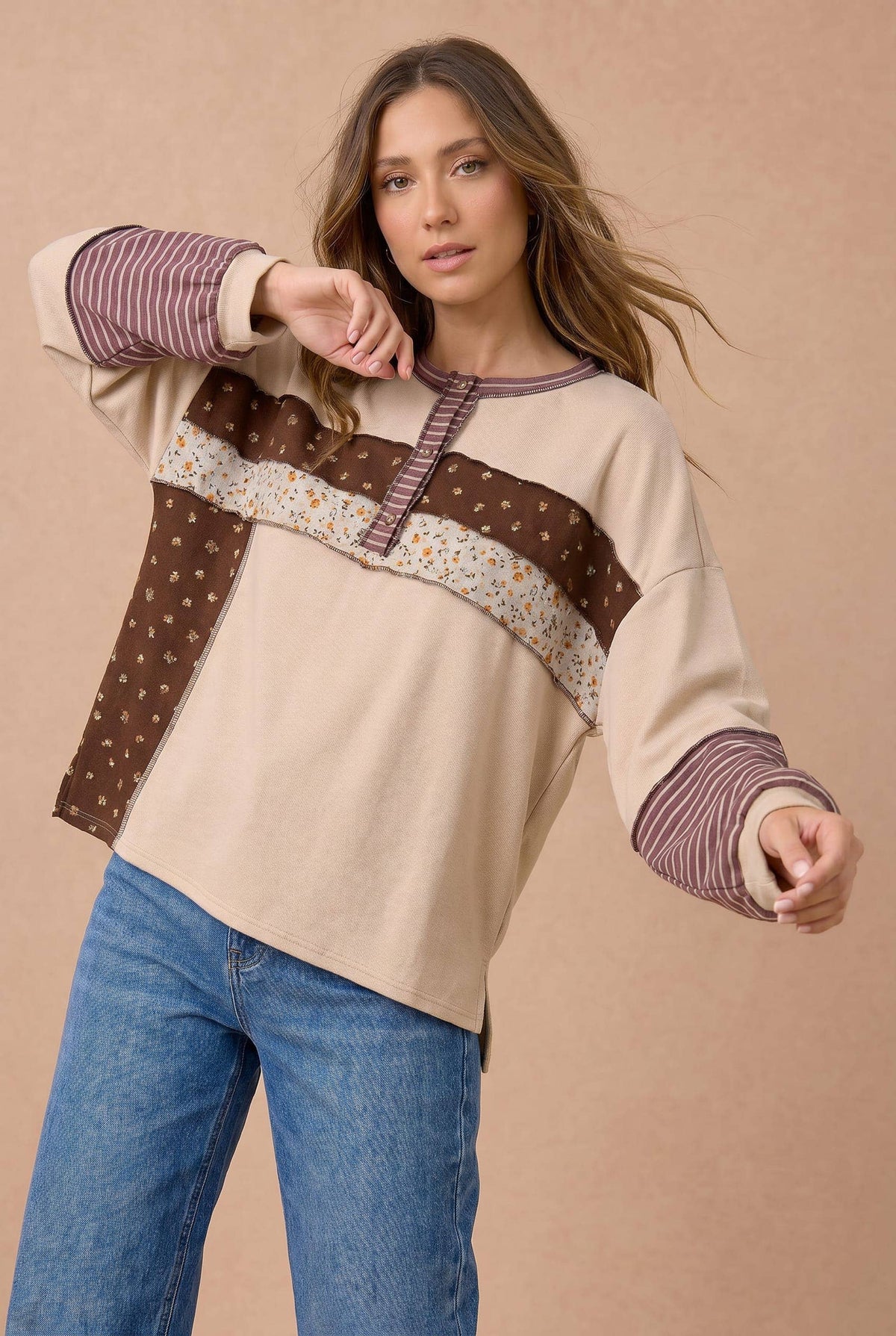 Haptics - Floral Stripe Color Block Neck Buttoned Top