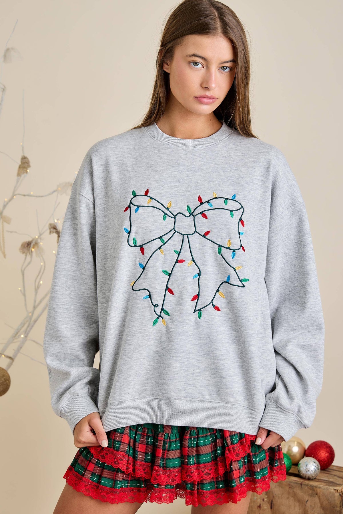 Grey Holiday Sweatshirt with Bow Christmas Lights embroidery