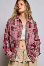 Pol Clothing - Plaid Mixed-Fabric Thermal Patch Studded Raw Edge Shirt