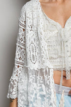 Pol Clothing - V-neck Short Sleeve Crochet Floral Lace Cardigan