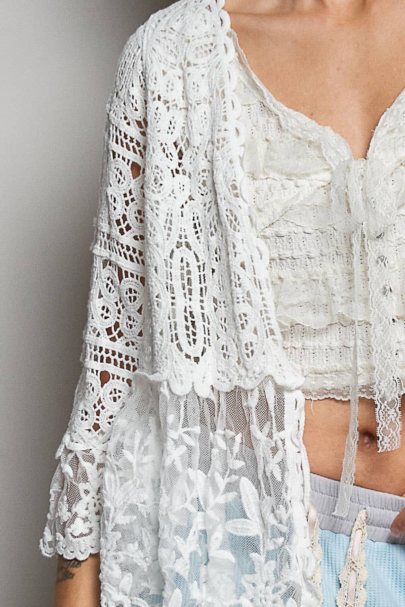 Pol Clothing - V-neck Short Sleeve Crochet Floral Lace Cardigan