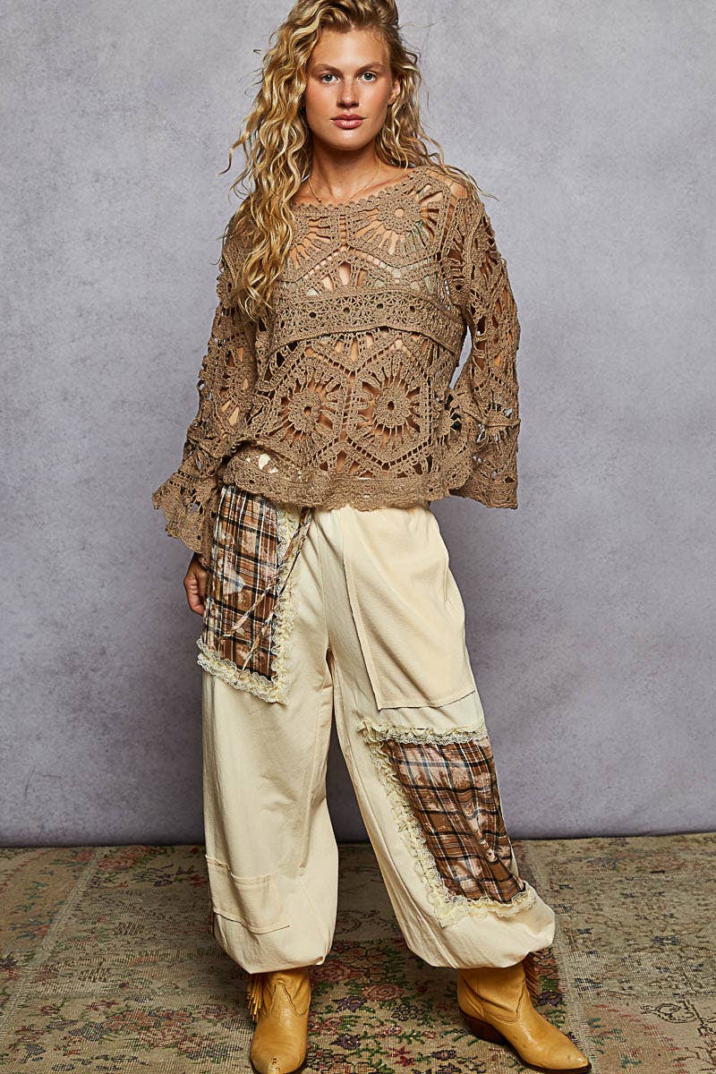 Alexus Round Neck 3/4 Sleeve Crochet Cropped Top