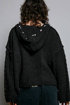 Pol Clothing - Oversize Fit V-neck Hooded Cable Knit Chenille Sweater SALE
