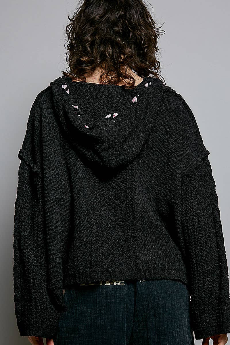 Pol Clothing - Oversize Fit V-neck Hooded Cable Knit Chenille Sweater SALE