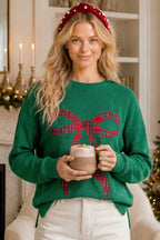 Main Strip - Holiday Plaid Bow Waffle Knit Pullover Top