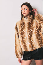LE LIS - Faux Fur Deer Print Zip Jacket