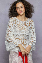 Alexus Round Neck 3/4 Sleeve Crochet Cropped Top