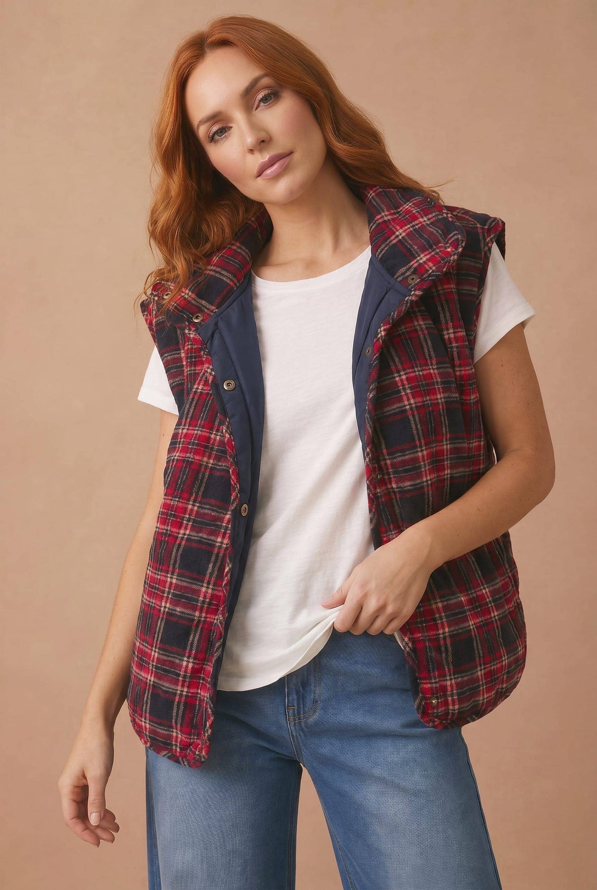 Haptics - High Neck Snap Button Plaid Quilted Vest