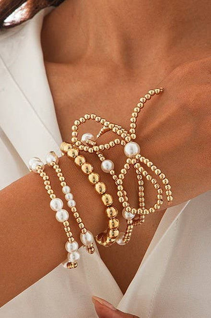 MULTI LAYER BALL CHAIN BEAD PEARL BOW BRACELET |