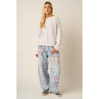 PLAID HEART PATCH BARREL LEG JEANS