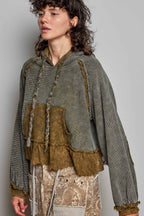 Pol Clothing - Cropped Balloon Sleeves Thermal Knit Lace Casual Hoodie