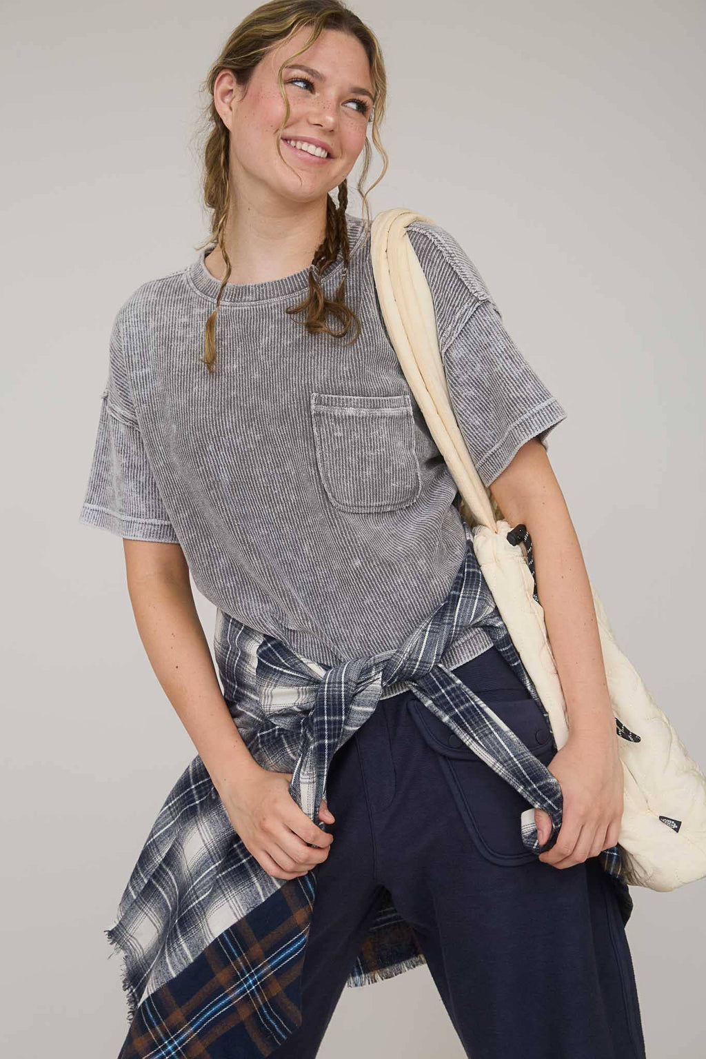 Everyday WASHED RIBBED SHORT SLEEVE TEE WITH POCKET