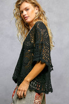 Pol Clothing - 3/4 Sleeve V-neck Crochet Varied Pattern Flared Top