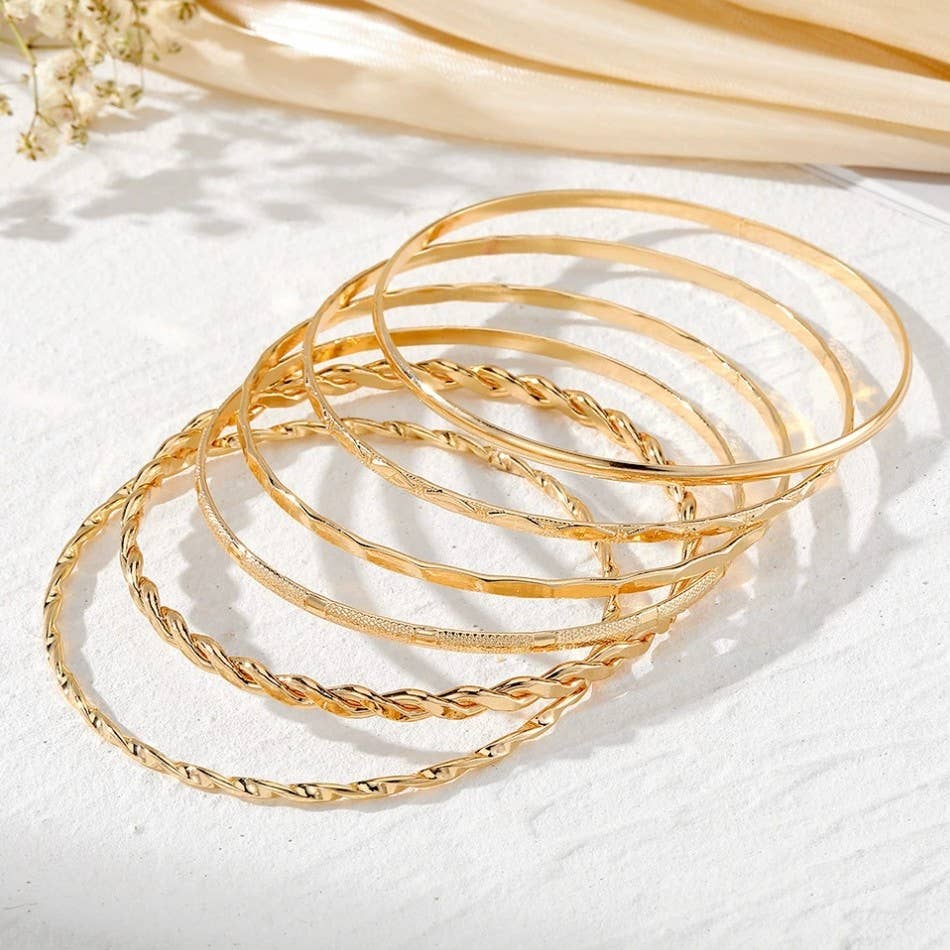 JOSSLYN by wall to wall - Gold Layered Bangle Set - Mixed Texture Stack |