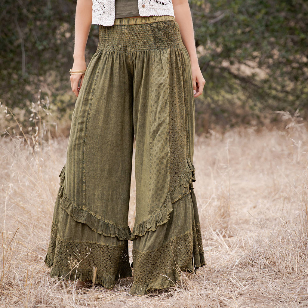 Young Threads - Boho Smocked Mineral Wash Lace Tiered Ruffle Pants NEW