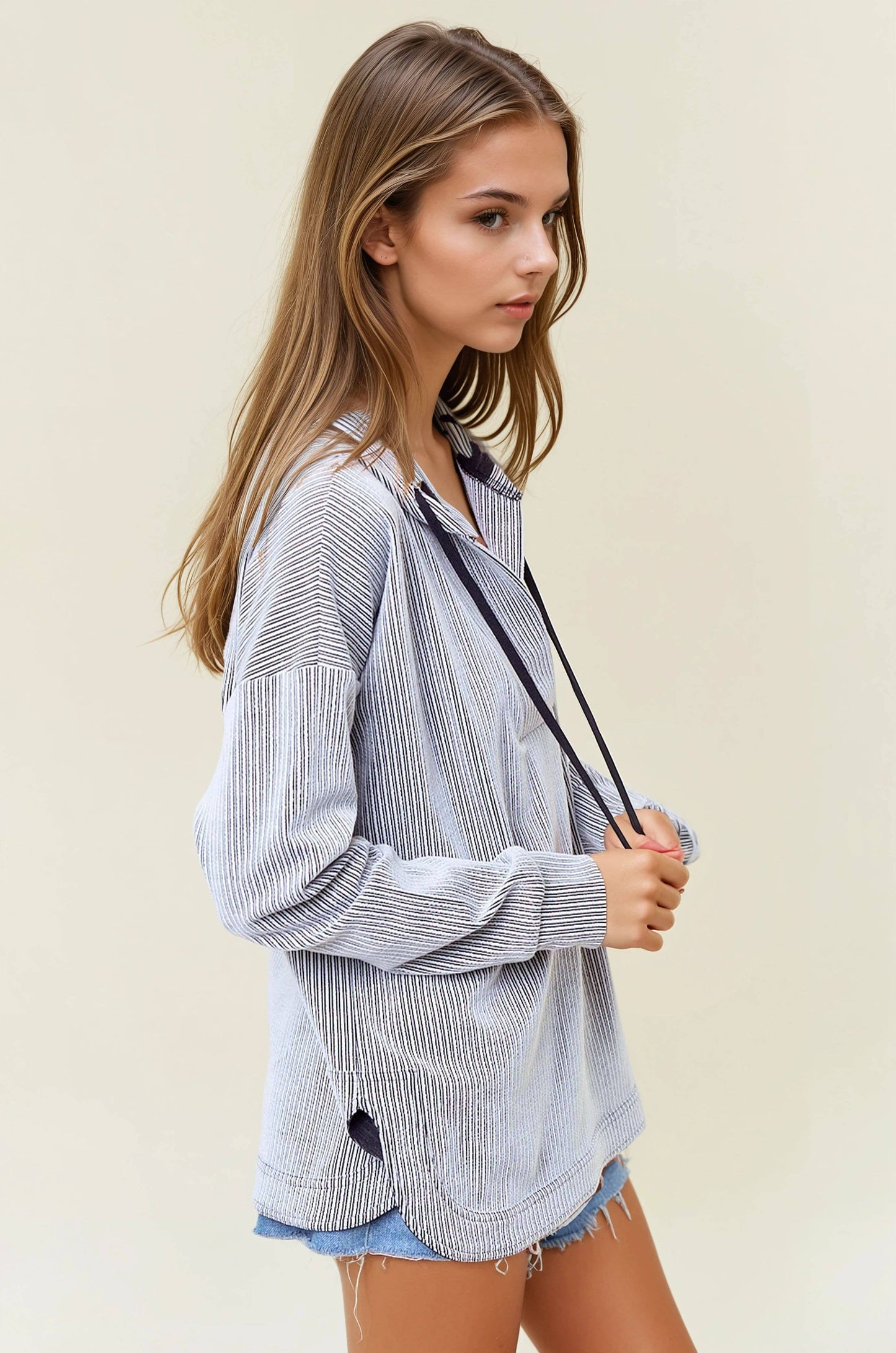 Doe and Rae - Stripe V-Neckline Long Sleeve Hooded Sweatshirt - 44627T