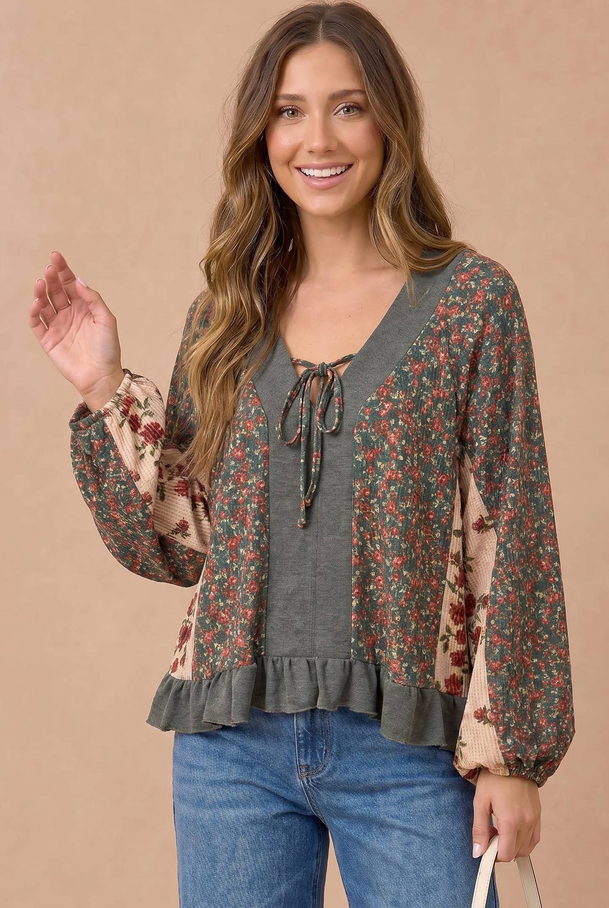 Haptics - Floral Color Block Peplum Raglan Top