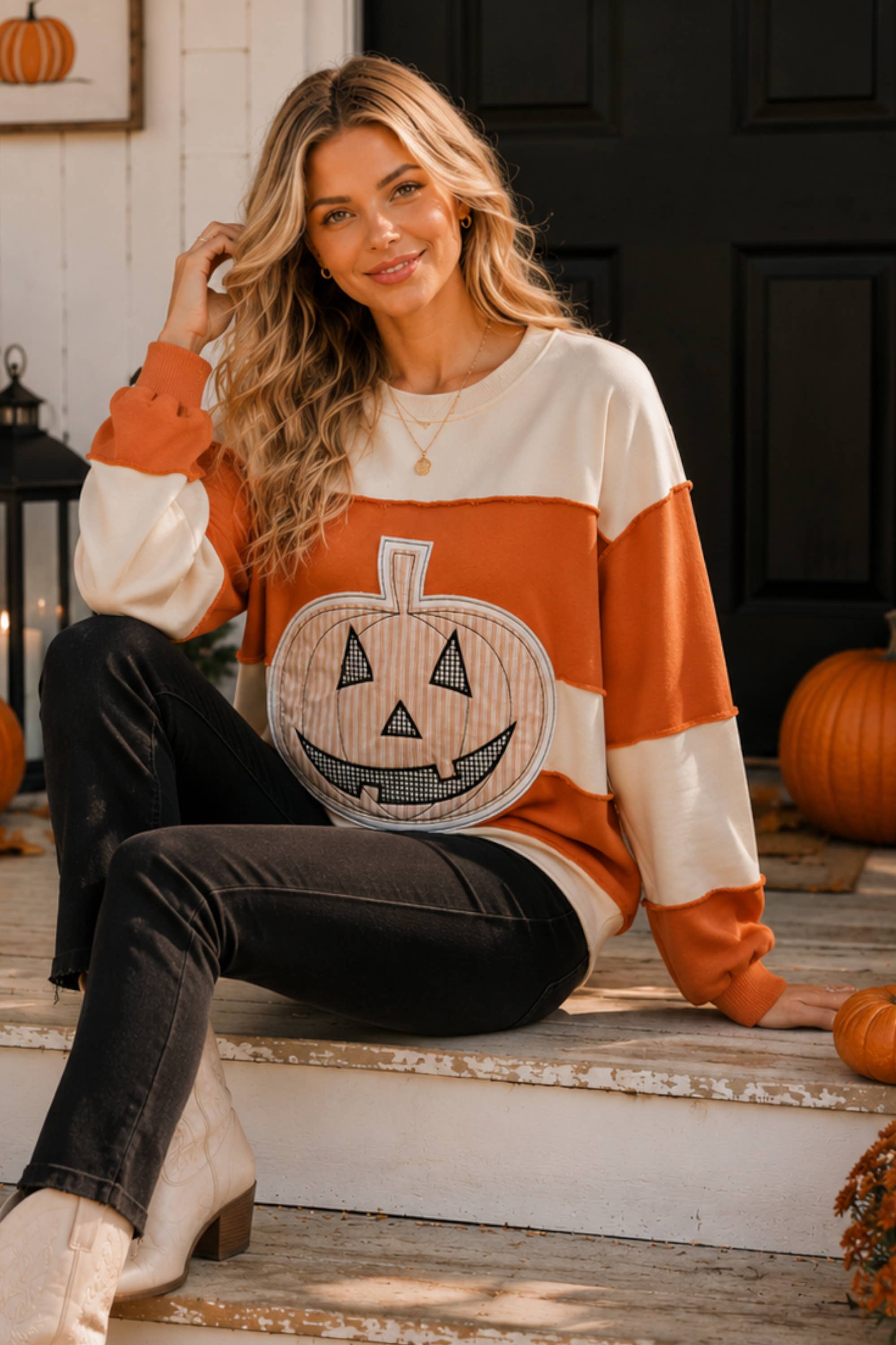 Main Strip - Pumpkin Appliqué Color Block Pullover
