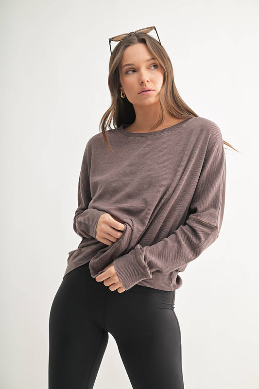 Waffle Ribbed Round Neck Pullover Mono B