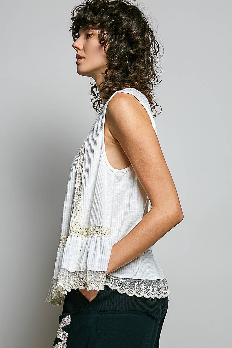 Pol Clothing - Metal Button Down Lace Trim Ruffle Round Neck Sleeveless