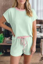Summer Soft Ribbed Color Block Trim Casual Short Set