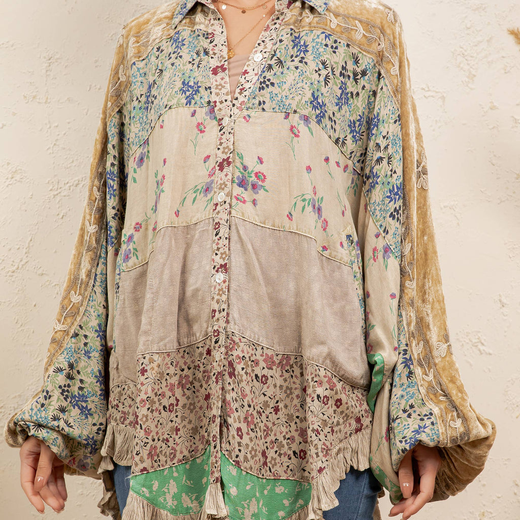 Young Threads - Vintage Mixed Print Patchwork Bat Sleeve Top -Ruffle Hem NEW