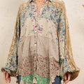 Young Threads - Vintage Mixed Print Patchwork Bat Sleeve Top -Ruffle Hem NEW