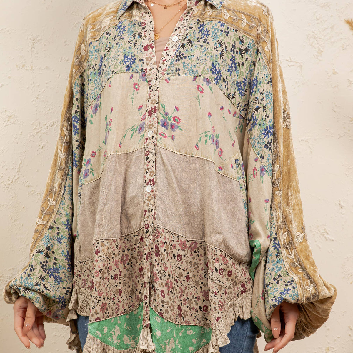 Young Threads - Vintage Mixed Print Patchwork Bat Sleeve Top -Ruffle Hem NEW