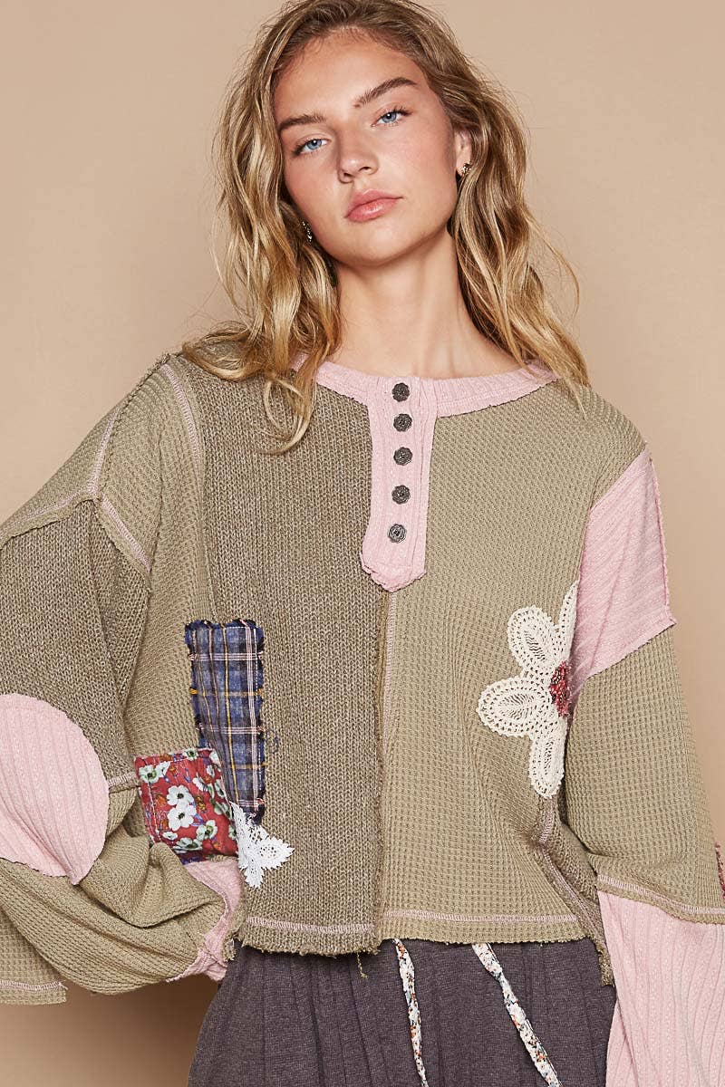 Pol Clothing - Round neck cut and sew patch oversized knit top