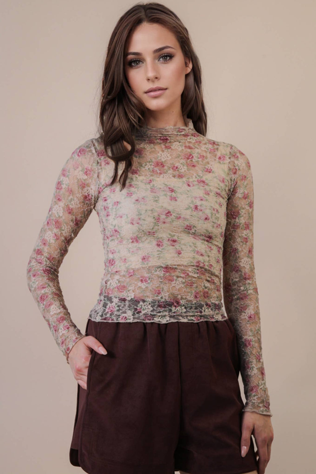 High Neck Fitted Sheer Mesh Lace Knit Top