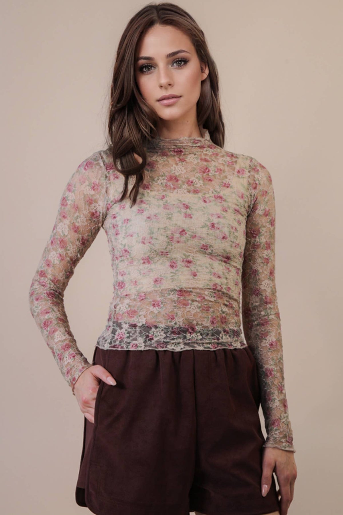 High Neck Fitted Sheer Mesh Lace Knit Top