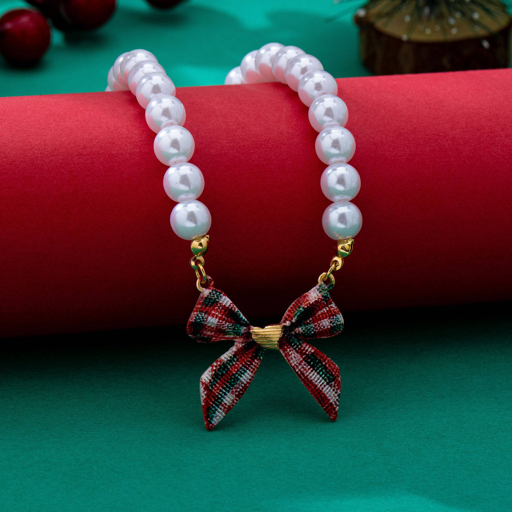 JOSSLYN by wall to wall - Holiday Tartan Plaid Fabric Bow Pearl Necklace | 80N93917