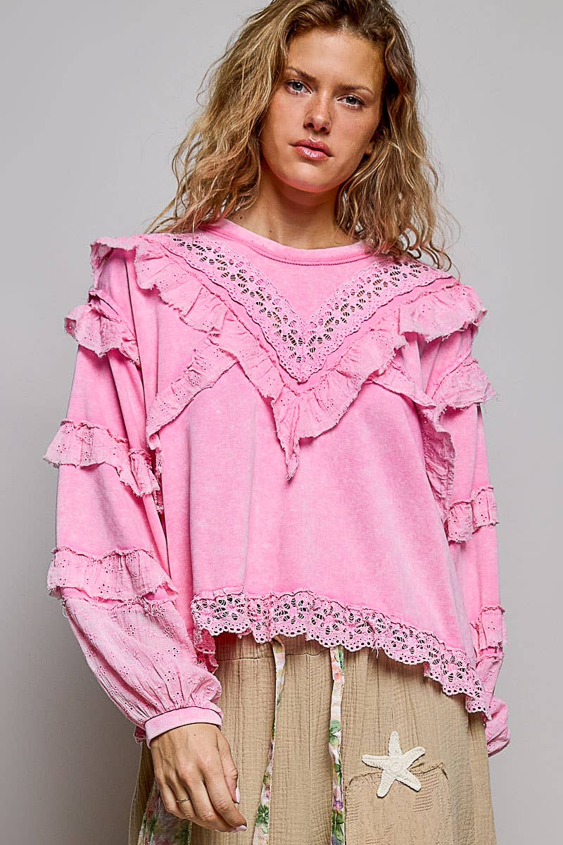 Pol Clothing - French Terry Eyelet Ruffle Vintage Washing Solid Knit Top