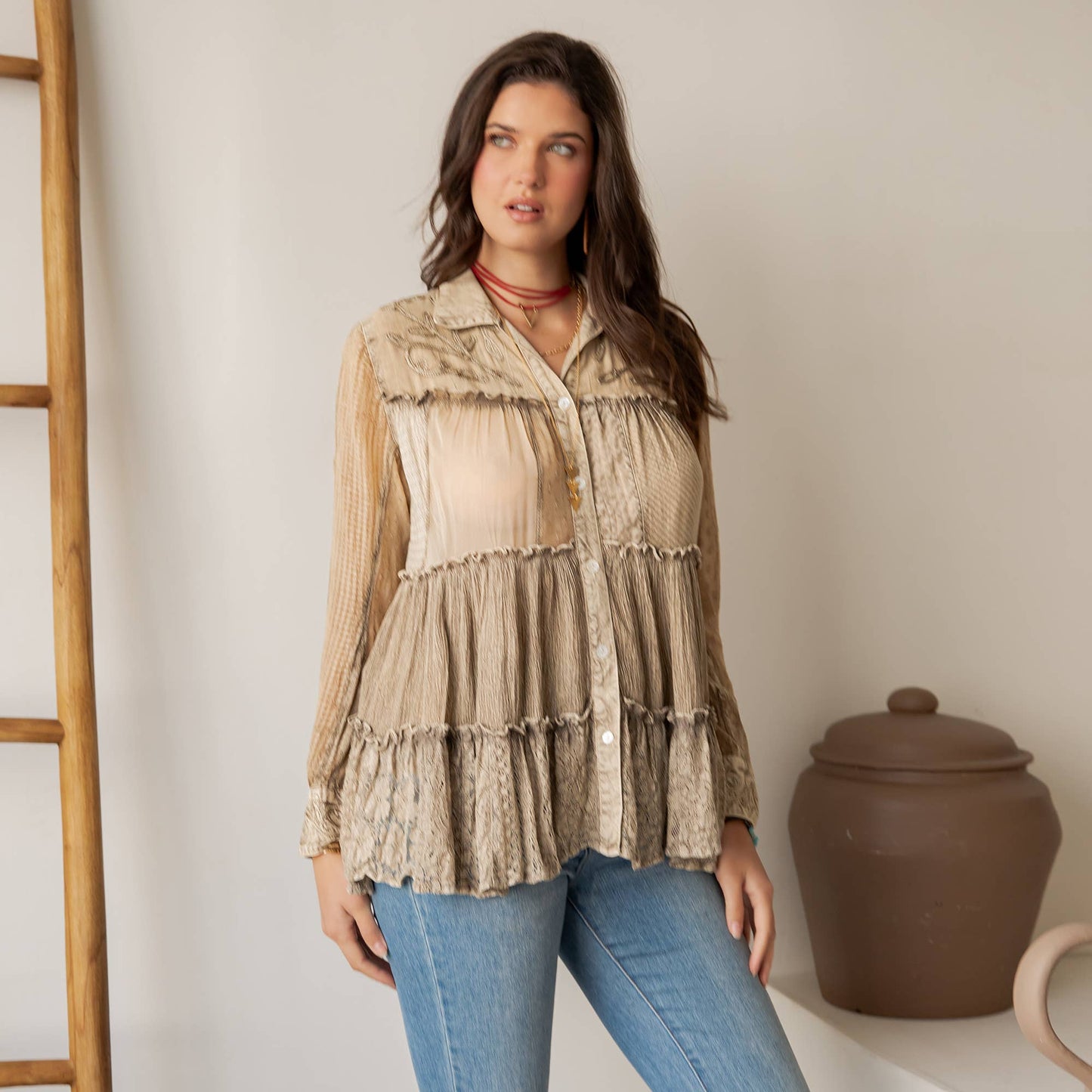 Young Threads - Mineral Wash Tiered Button-Down Blouse with Floral Details
