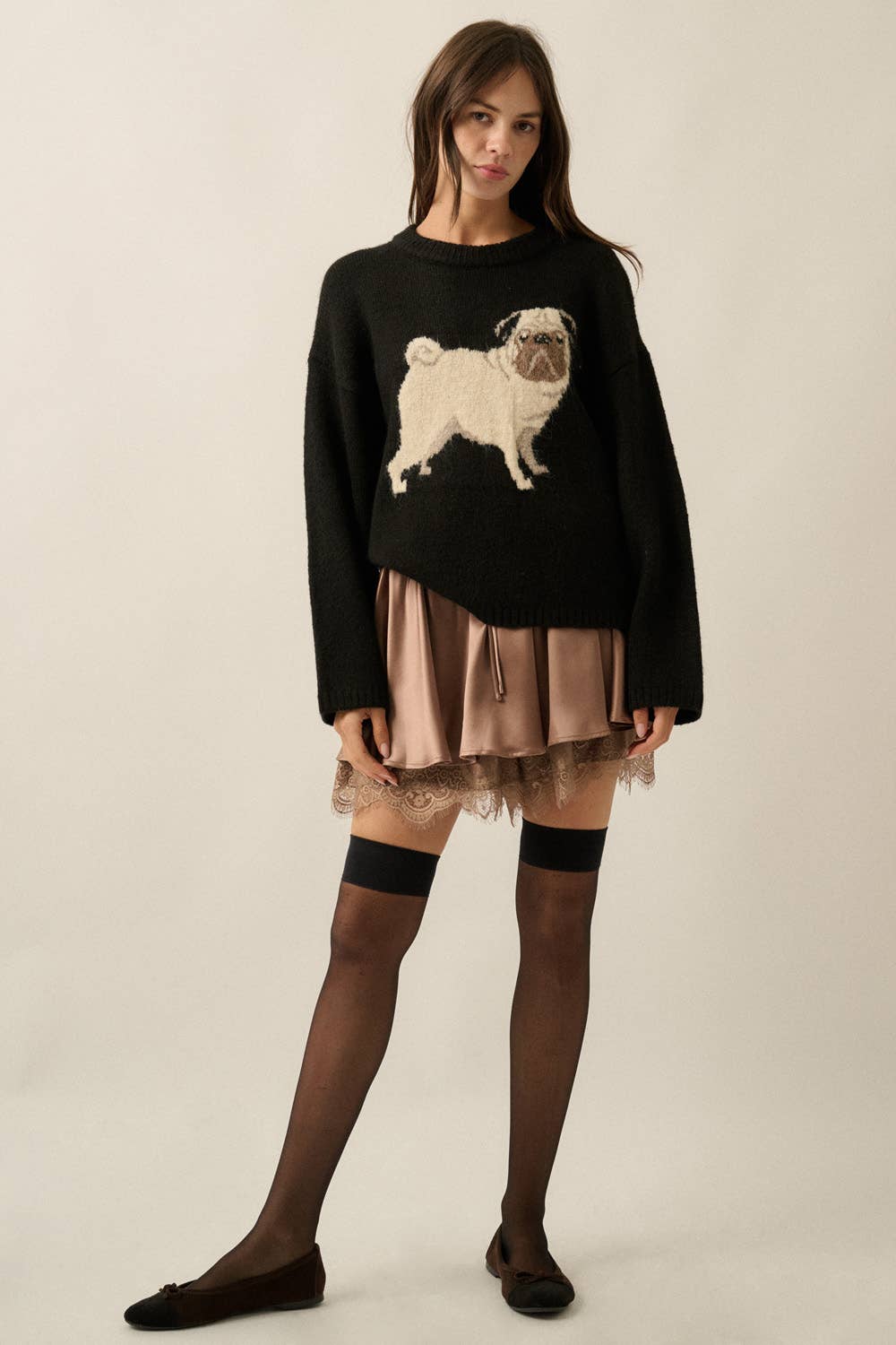 Pug Dog Solid Knit Relaxed-Fit Drop-Shoulder Sweater