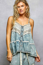 Pol Clothing - Double Gauze Denim Lace Patch Outseam Round Neck Sleeveless