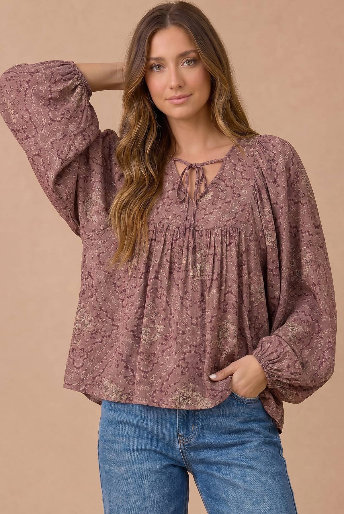 Haptics - Floral Crinkle Woven Peasant Blouse