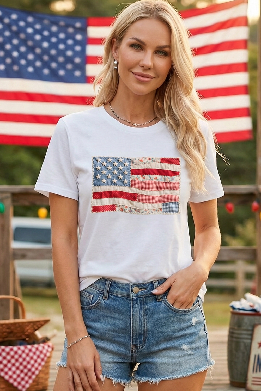 4th of july Faux Patchwork Printed US Flag Casual Tee