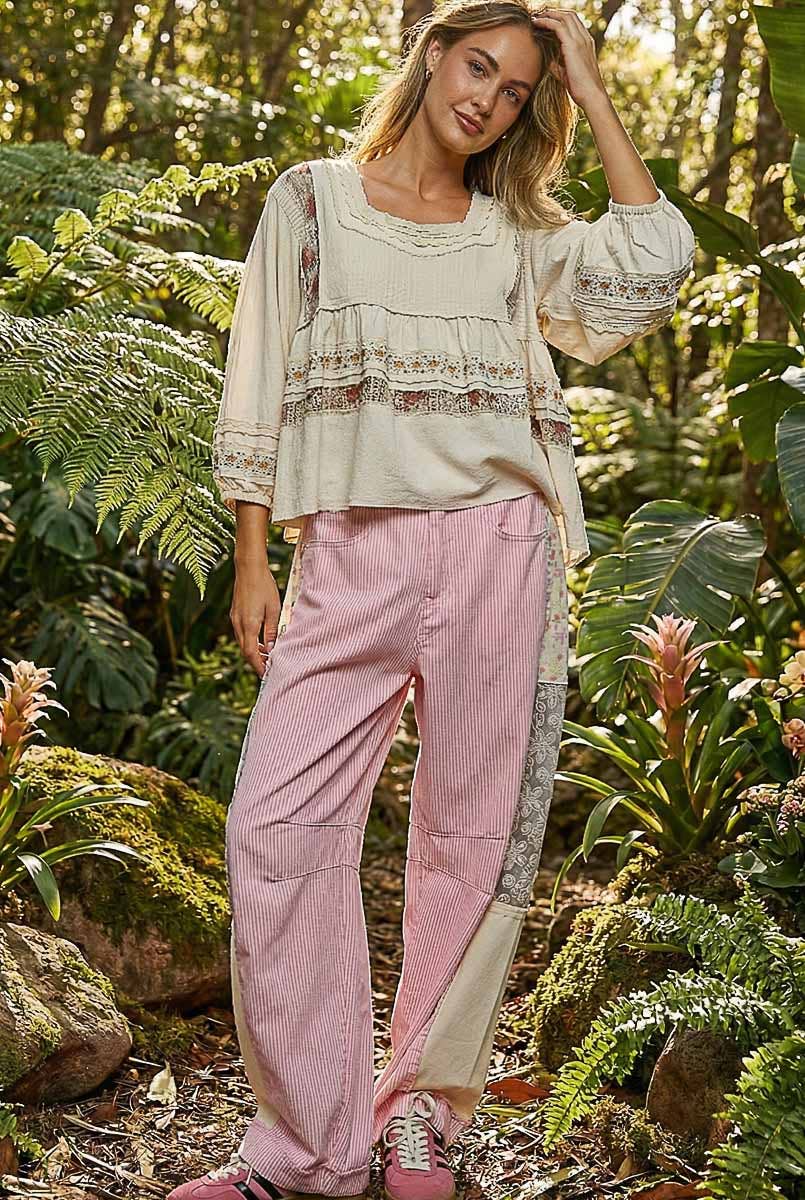 Pol Clothing - Embroidery Lace Contrast Square Neck Long Sleeve top