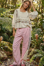 Pol Clothing - Embroidery Lace Contrast Square Neck Long Sleeve top