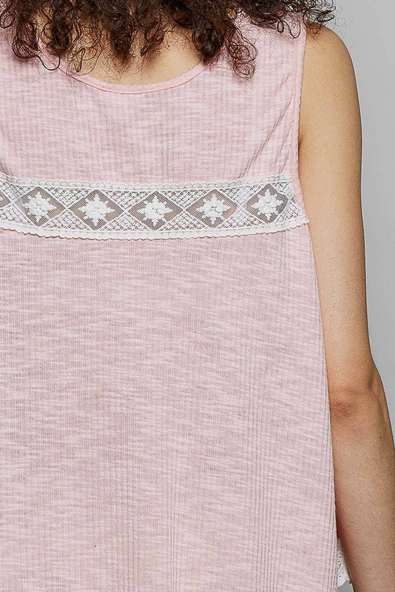 Pol Clothing - Metal Button Down Lace Trim Ruffle Round Neck Sleeveless