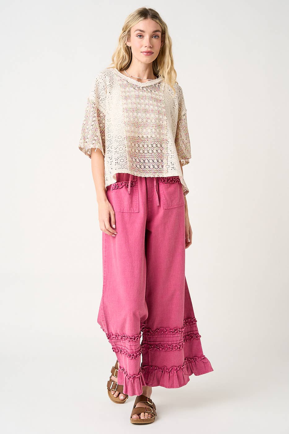 RUFFLE TRIM POCKET MINERAL WASH WIDE LEG PANTS