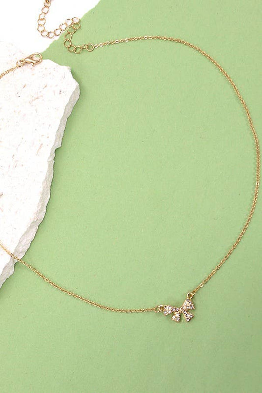 MINI RHINESTONE BOW CHARM NECKLACE |