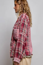 Pol Clothing - Plaid Mixed-Fabric Thermal Patch Studded Raw Edge Shirt