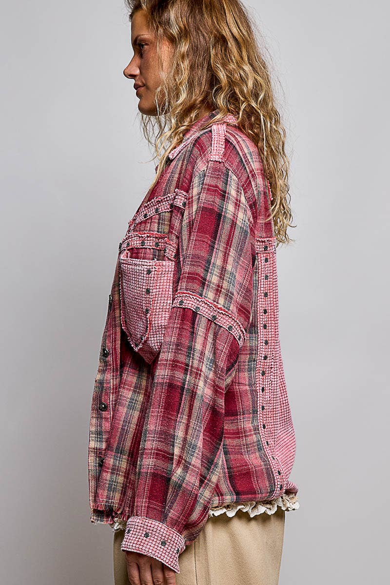 Pol Clothing - Plaid Mixed-Fabric Thermal Patch Studded Raw Edge Shirt