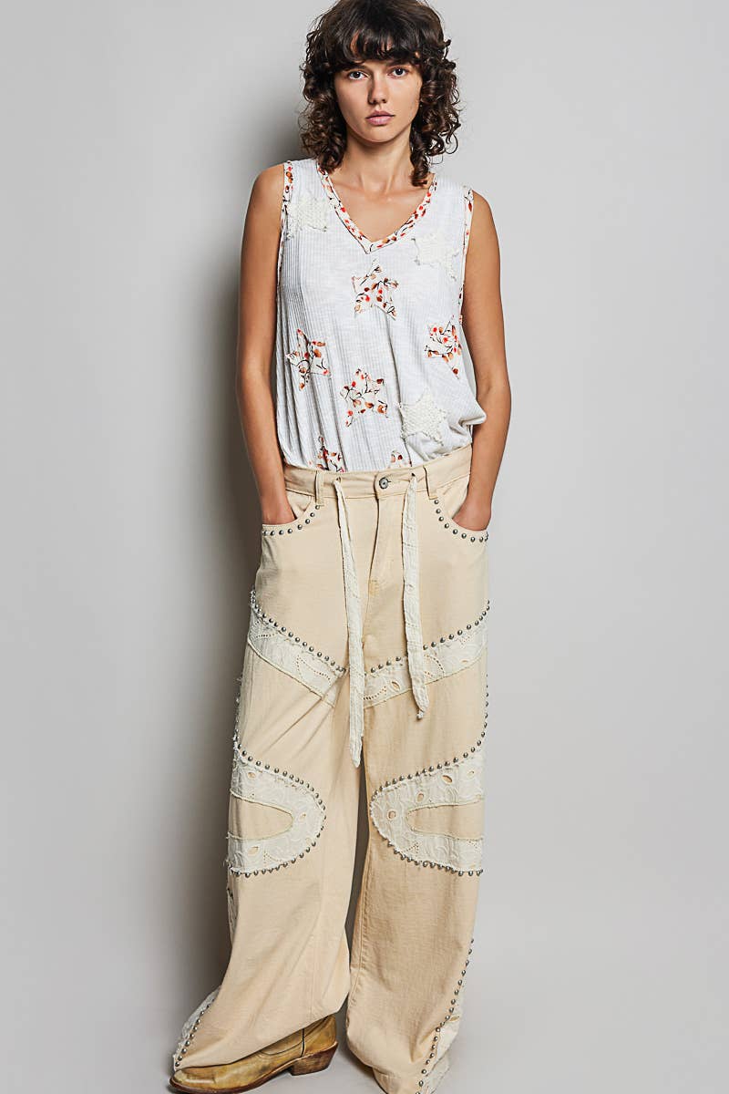 Pol Clothing - Boho Floral Star Patch Rib Sleeveless Top