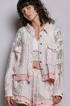 Pol Clothing - Floral Knit Balloon Sleeve Lace Patch Jacket Top