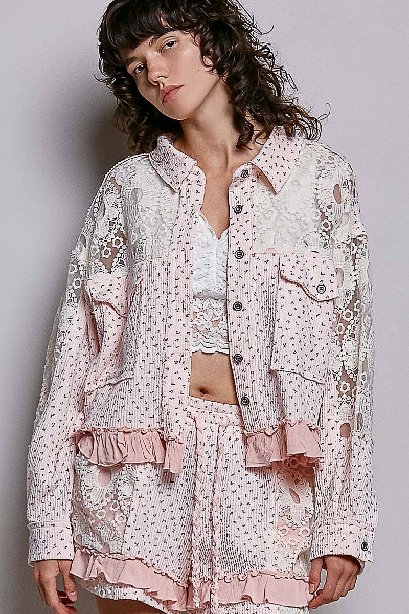 Pol Clothing - Floral Knit Balloon Sleeve Lace Patch Jacket Top